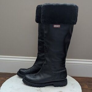 Hunter Steamboat Womens Sz 7 Black Leather Tall Boots Sheepskin Lined Waterproof